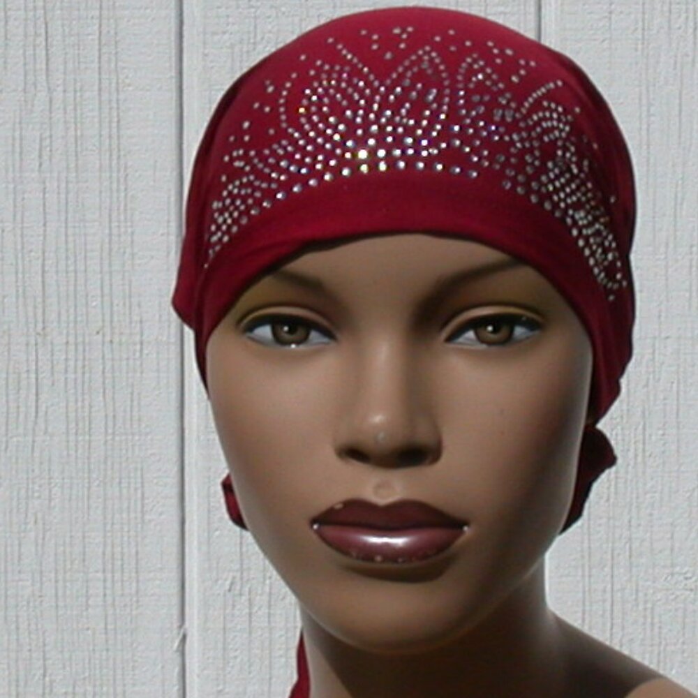 Rhinestone Tie Back Cap Cotton Bonnet Hijab Undercap Dark Red